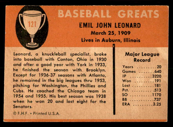 1961 Fleer #121 Dutch Leonard Dodgers Signed Autographed