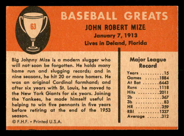 1961 Fleer #063 Johnny Mize Giants Signed Autographed