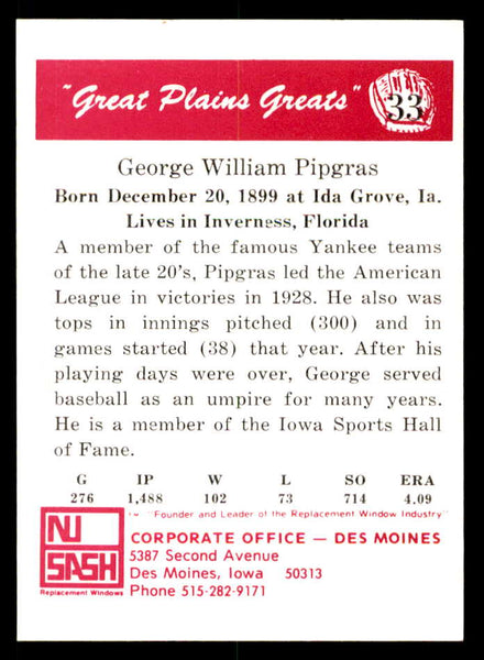 1975 Great Plains Greats #033 George Pipgras Signed Autographed