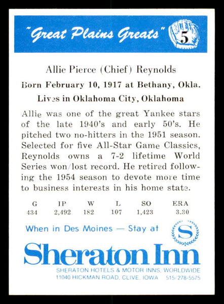 1975 Great Plains Greats #005 Allie Reynolds Signed Autographed