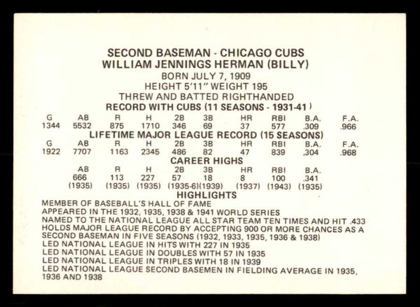 1976 Chicago Greats Billy Herman Cubs Signed Autographed