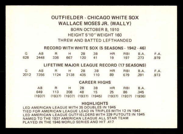 1976 Chicago Greats Wally Moses White Sox Signed Autographed