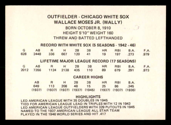 1976 Chicago Greats Wally Moses White Sox Signed Autographed