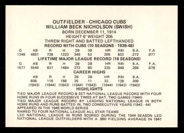 1976 Chicago Greats Bill Nicholson Cubs Signed Autographed