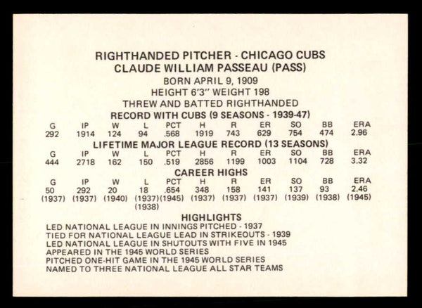 1976 Chicago Greats Claude Passeau Cubs Signed Autographed