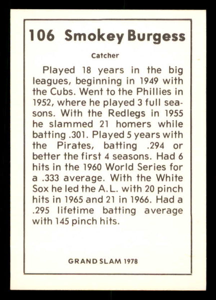 1978 Grand Slam #106 Smoky Burgess Reds Signed Autographed