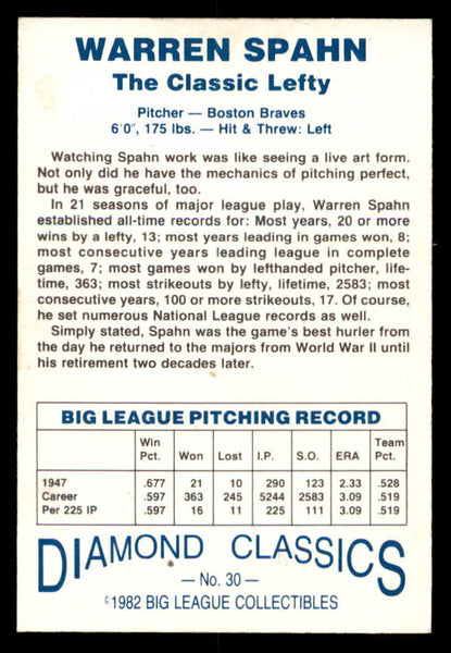 1982 Big League #030 Warren Spahn Braves Signed Autographed