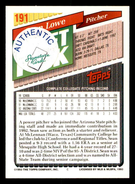 1993 Topps #191 Sean Lowe Cardinals Signed Autographed