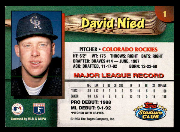 1993 Stadium Club #001 David Nied Rockies Signed Autographed