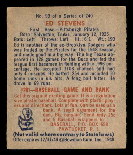 1949 Bowman #093 Ed Stevens Pirates Signed Autographed