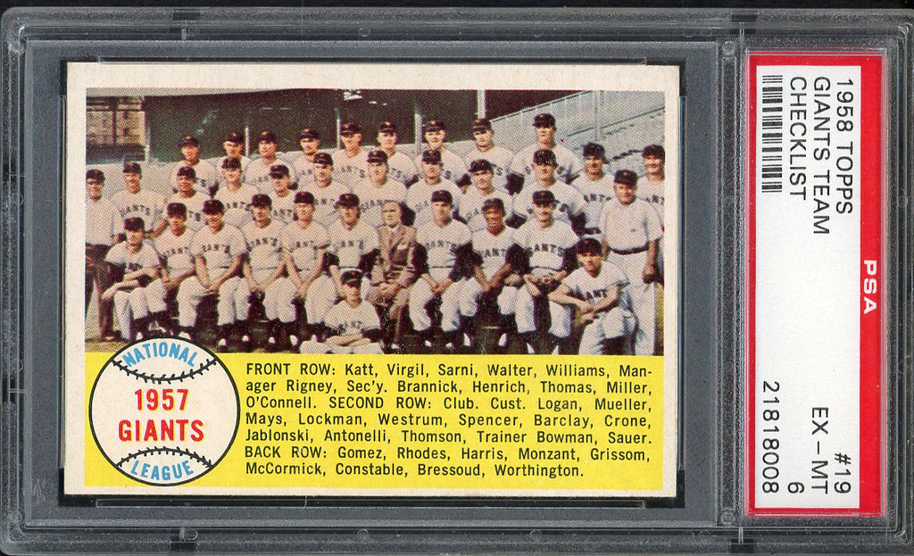 1958 Topps Baseball #019 San Francisco Giants Team PSA 6 EX-MT 546635