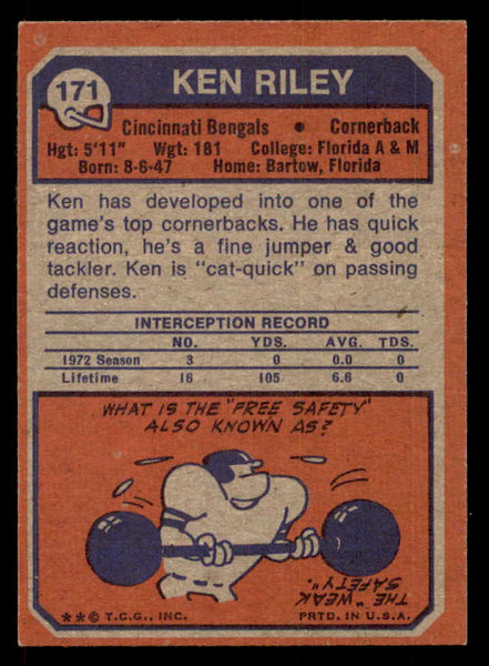 1973 Topps Football #171 Ken Riley Bengals EX-MT 546682