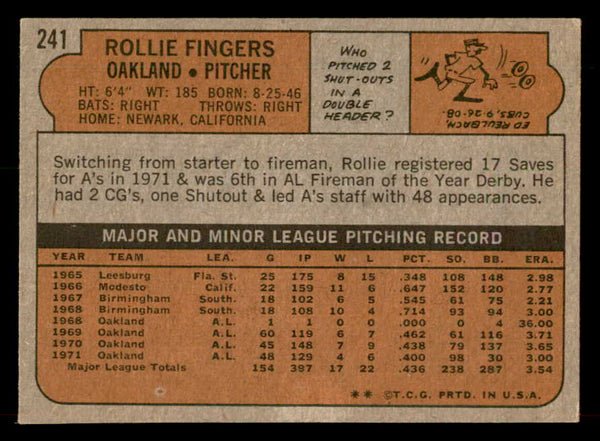 1972 Topps Baseball #241 Rollie Fingers A's VG-EX 546688