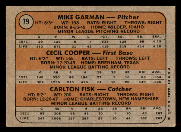 1972 Topps Baseball #079 Carlton Fisk Red Sox VG-EX 546689