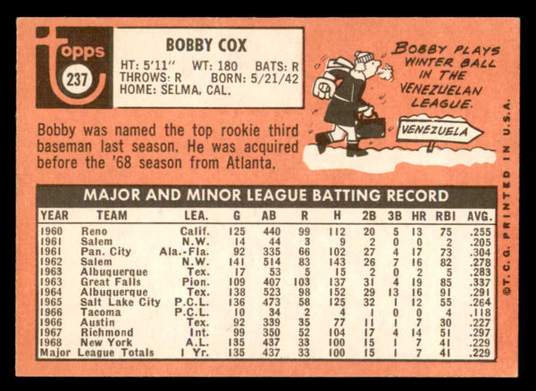 1969 Topps Baseball #237 Bobby Cox Yankees EX-MT 546727