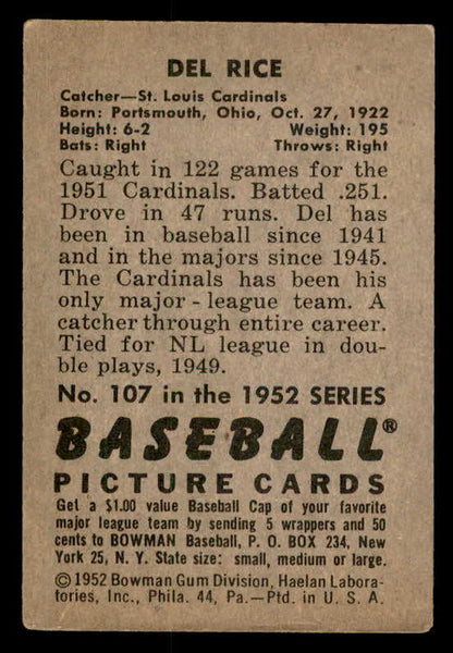 1952 Bowman Baseball #107 Del Rice Cardinals VG-EX 546730