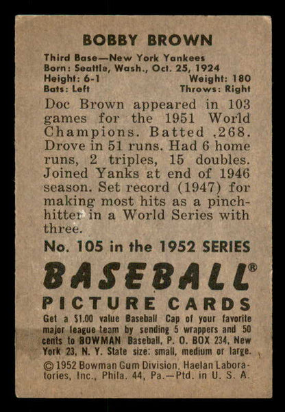 1952 Bowman Baseball #105 Bobby Brown Yankees EX 546736