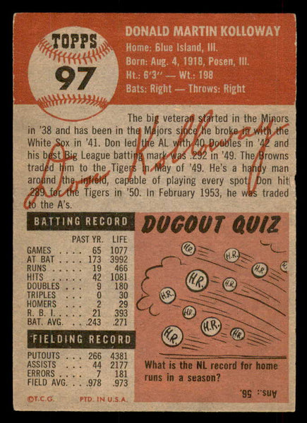 1953 Topps Baseball #097 Don Kolloway A's VG-EX 546746