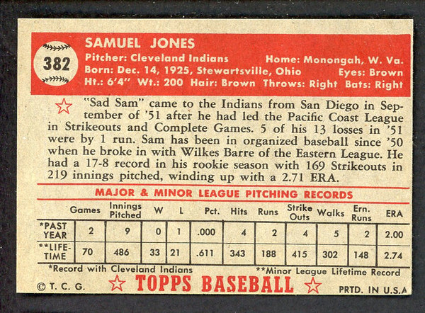 1952 Topps Baseball #382 Sam Jones Indians EX-MT 546904