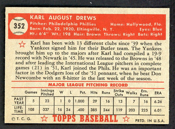 1952 Topps Baseball #352 Karl Drews Phillies EX-MT 546917