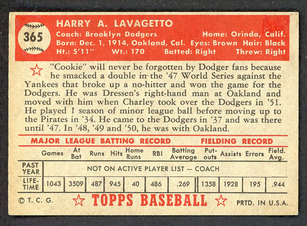1952 Topps Baseball #365 Cookie Lavagetto Dodgers VG-EX 546920