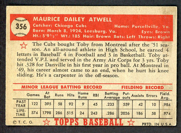1952 Topps Baseball #356 Toby Atwell Cubs EX+/EX-MT 546922