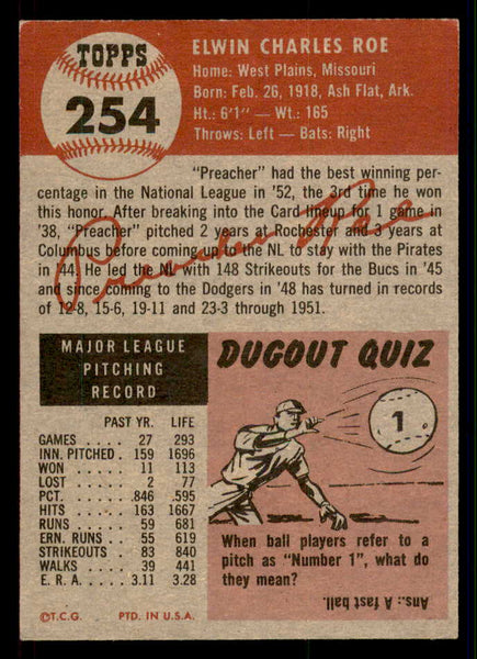 1953 Topps Baseball #254 Preacher Roe Dodgers EX+/EX-MT 546985