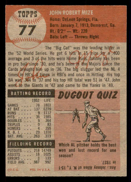 1953 Topps Baseball #077 Johnny Mize Yankees EX-MT 546991
