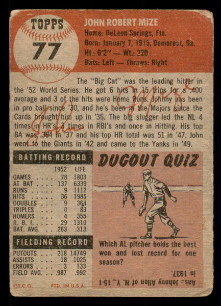 1953 Topps Baseball #077 Johnny Mize Yankees Good 546992