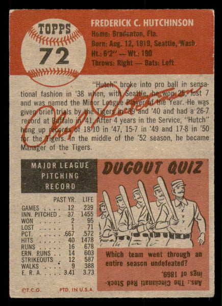 1953 Topps Baseball #072 Fred Hutchinson Tigers Fair 546999