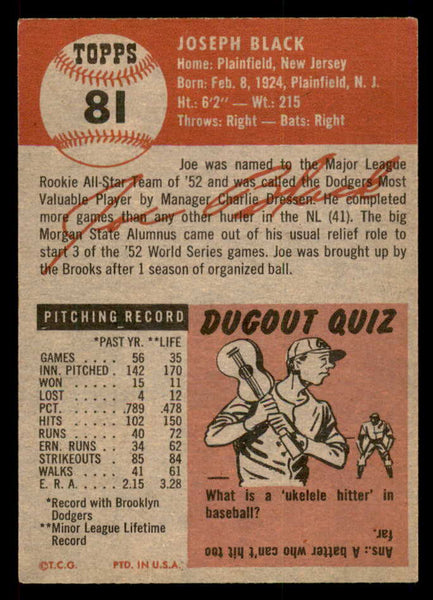 1953 Topps Baseball #081 Joe Black Dodgers EX 547005
