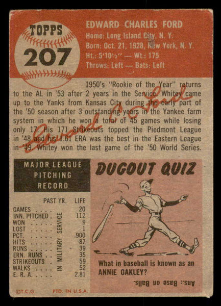 1953 Topps Baseball #207 Whitey Ford Yankees VG 547013