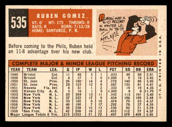 1959 Topps Baseball #535 Ruben Gomez Phillies EX-MT 547031
