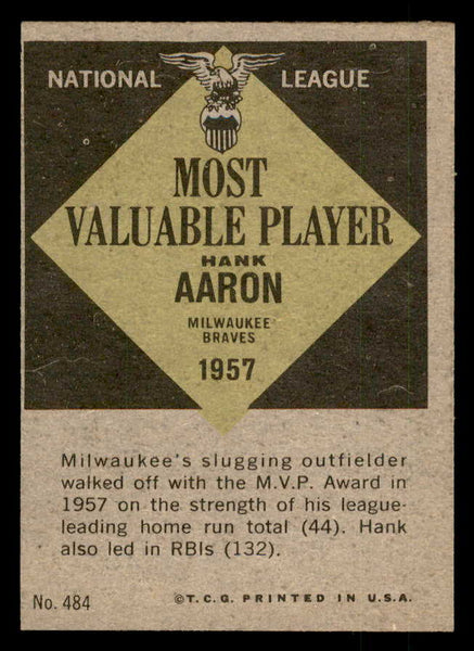 1961 Topps Baseball #484 Hank Aaron MVP Braves EX-MT 547109
