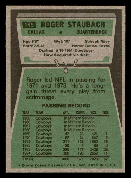 1975 Topps Football #145 Roger Staubach Cowboys NR-MT 547135