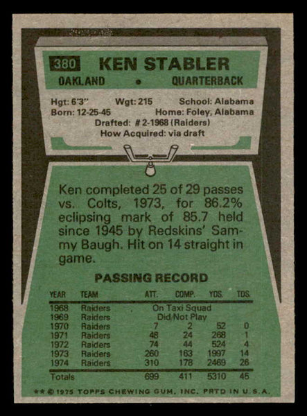 1975 Topps Football #380 Ken Stabler Raiders EX-MT 547139