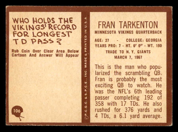1967 Philadelphia Football #106 Fran Tarkenton Vikings VG-EX 547147
