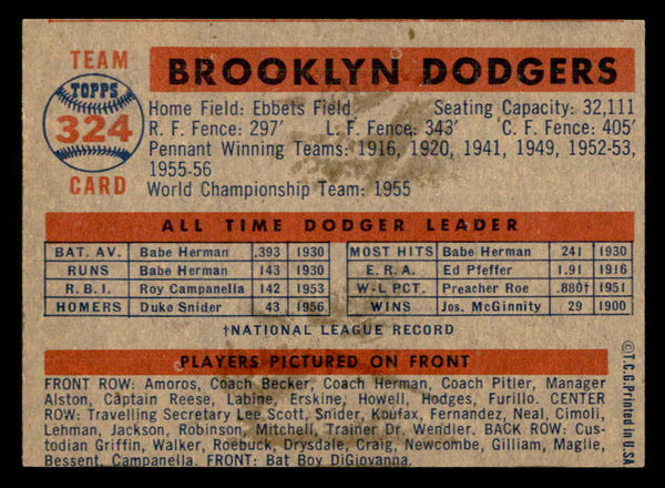 1957 Topps Baseball #324 Brooklyn Dodgers Team EX+/EX-MT 547204