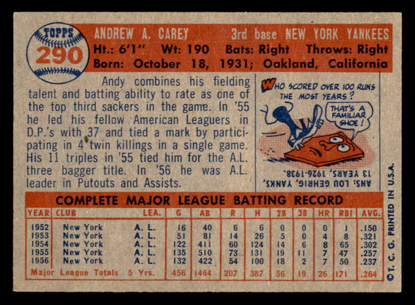 1957 Topps Baseball #290 Andy Carey Yankees EX-MT 547205