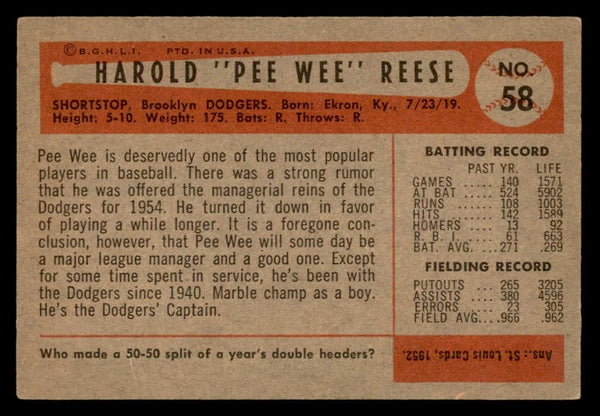 1954 Bowman Baseball #058 Pee Wee Reese Dodgers EX 547228