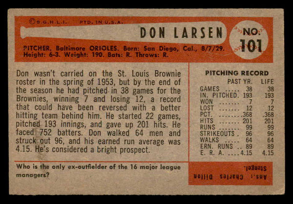 1954 Bowman Baseball #101 Don Larsen Orioles VG-EX 547237