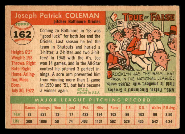 1955 Topps Baseball #162 Joe Coleman Orioles VG-EX 547243