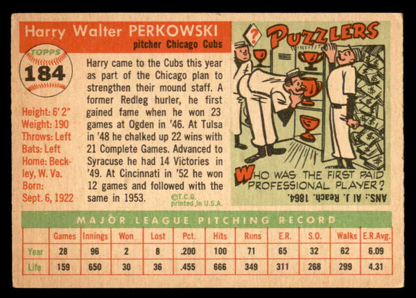 1955 Topps Baseball #184 Harry Perkowski Cubs VG-EX 547262