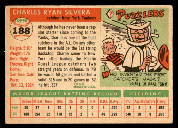1955 Topps Baseball #188 Charlie Silvera Yankees VG-EX 547264