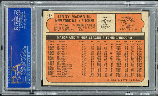 1972 Topps Baseball #513 Lindy McDaniel Yankees PSA 7 NM 547421