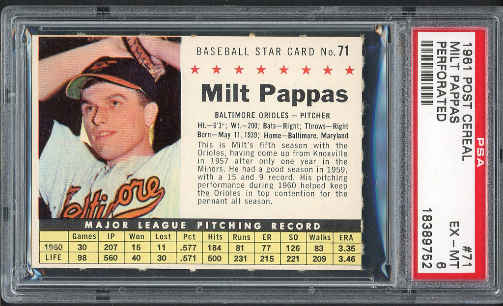 1961 Post Baseball #071 Milt Pappas Orioles PSA 6 EX-MT 547558
