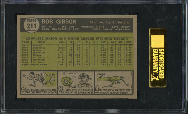 1961 Topps Baseball #211 Bob Gibson Cardinals SGC 7 NM 547575