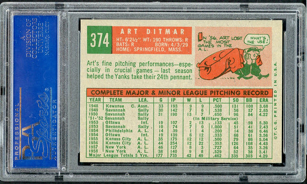 1959 Topps Baseball #374 Art Ditmar Yankees PSA 6 EX-MT 547592