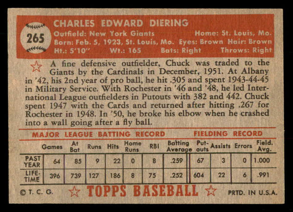 1952 Topps Baseball #265 Chuck Diering Giants VG 547625