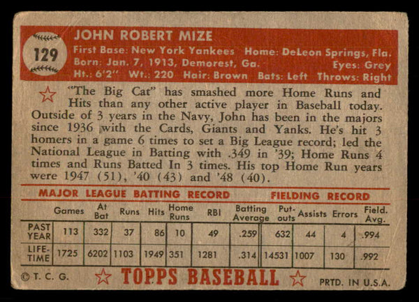 1952 Topps Baseball #129 Johnny Mize Yankees Good 547629